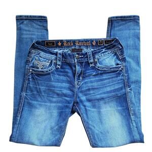 Rock Revival Jeans Lam Skinny Womens Size 27 Blue Stretch Low Rise Embroidered